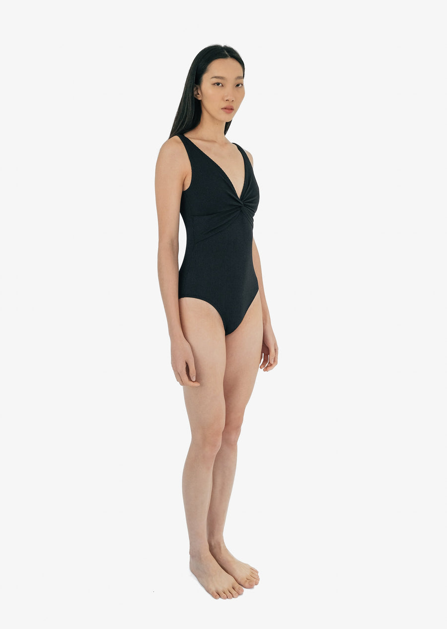 Gaia Twist Front Rib Swimsuit Black Side View